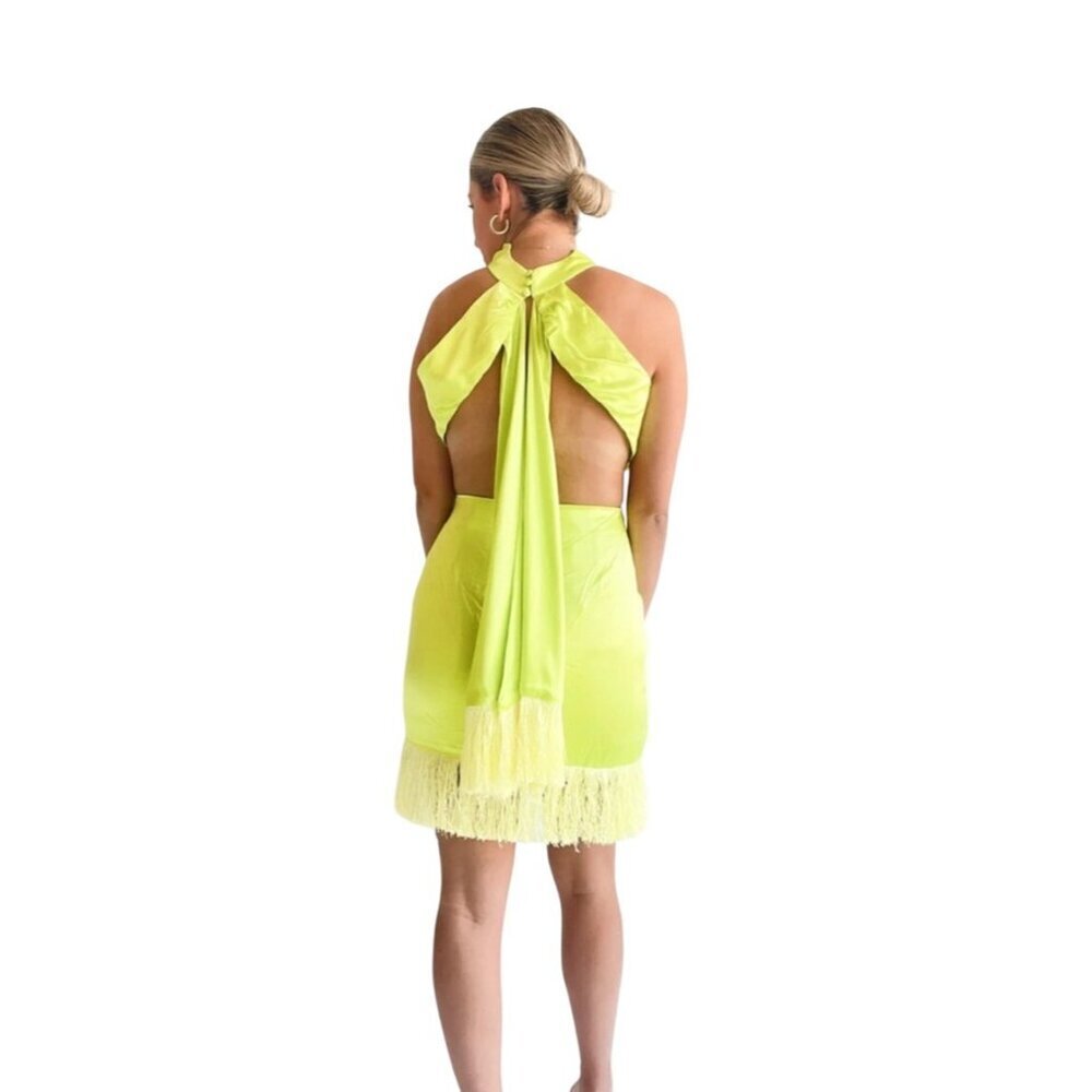 Satin Fringe Cutout XS Elliatt Citrus Leoni Halter Mini Dress In Lime Green - Picture 5 of 13